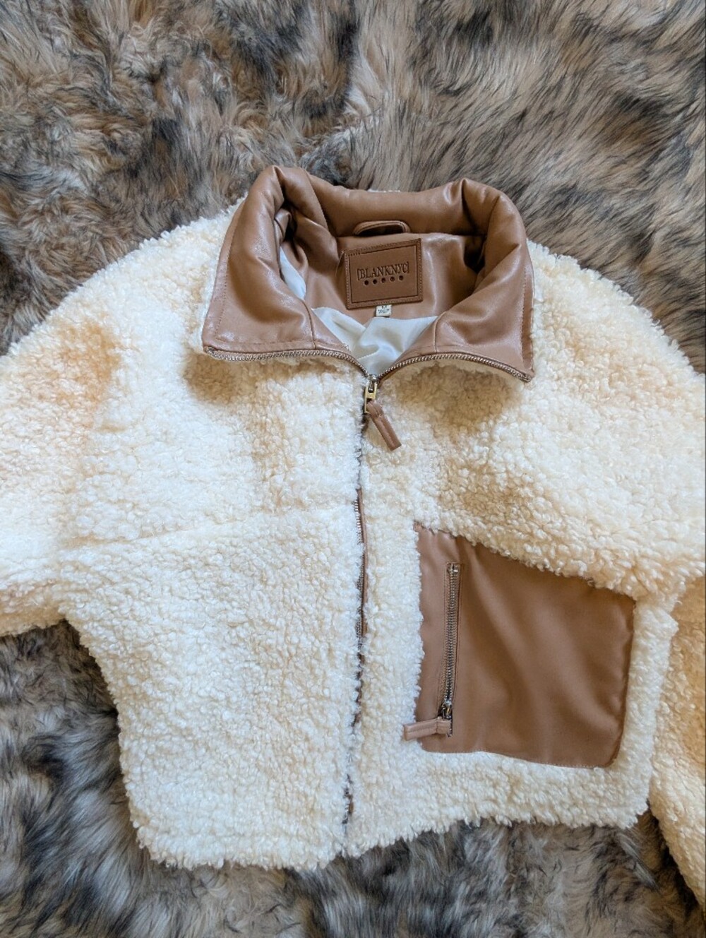 Blank NYC Sherpa Zip-Up Jacket in Cream and Tan With Faux Leather Accents